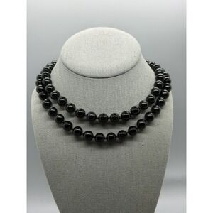 Black Glass Beaded Necklace Knotted Long Overhead 28 Inch